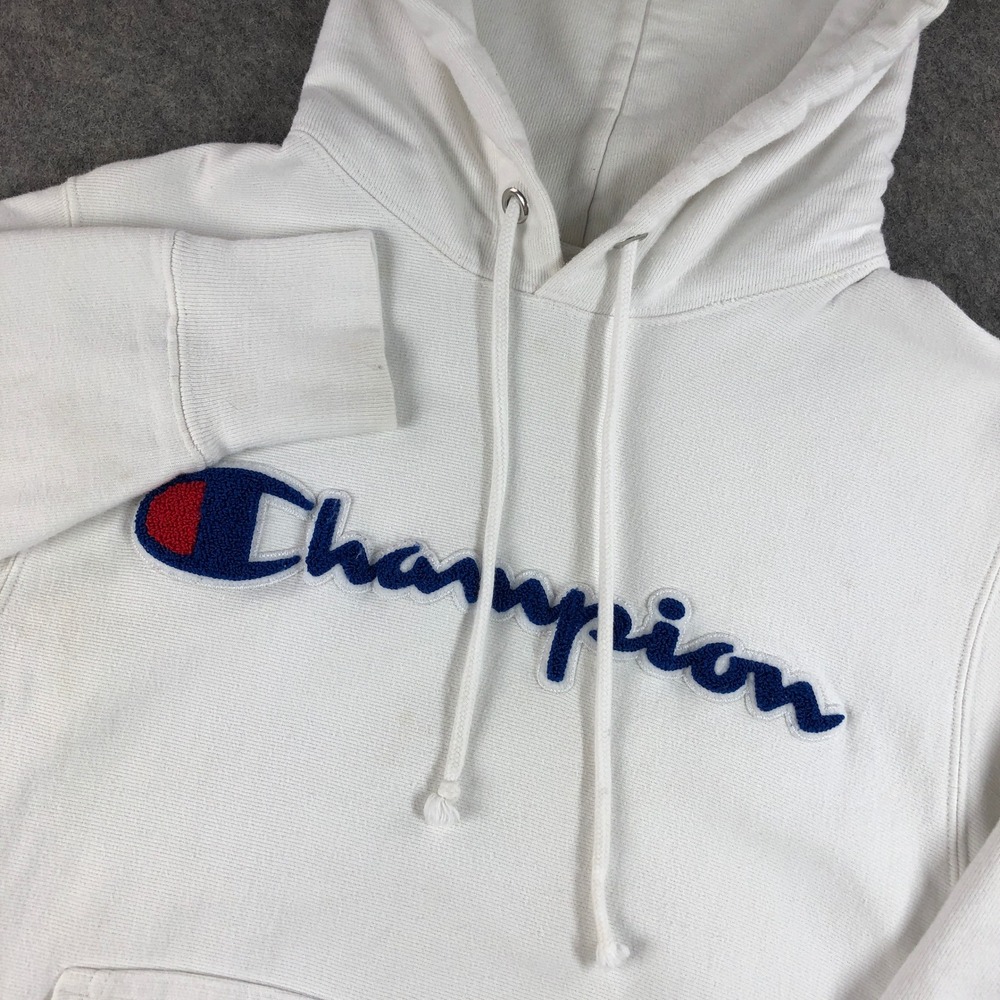 Champion Reverse Weave Hoodie Sweatshirt Mens S White Logo Patch Pullover Casual